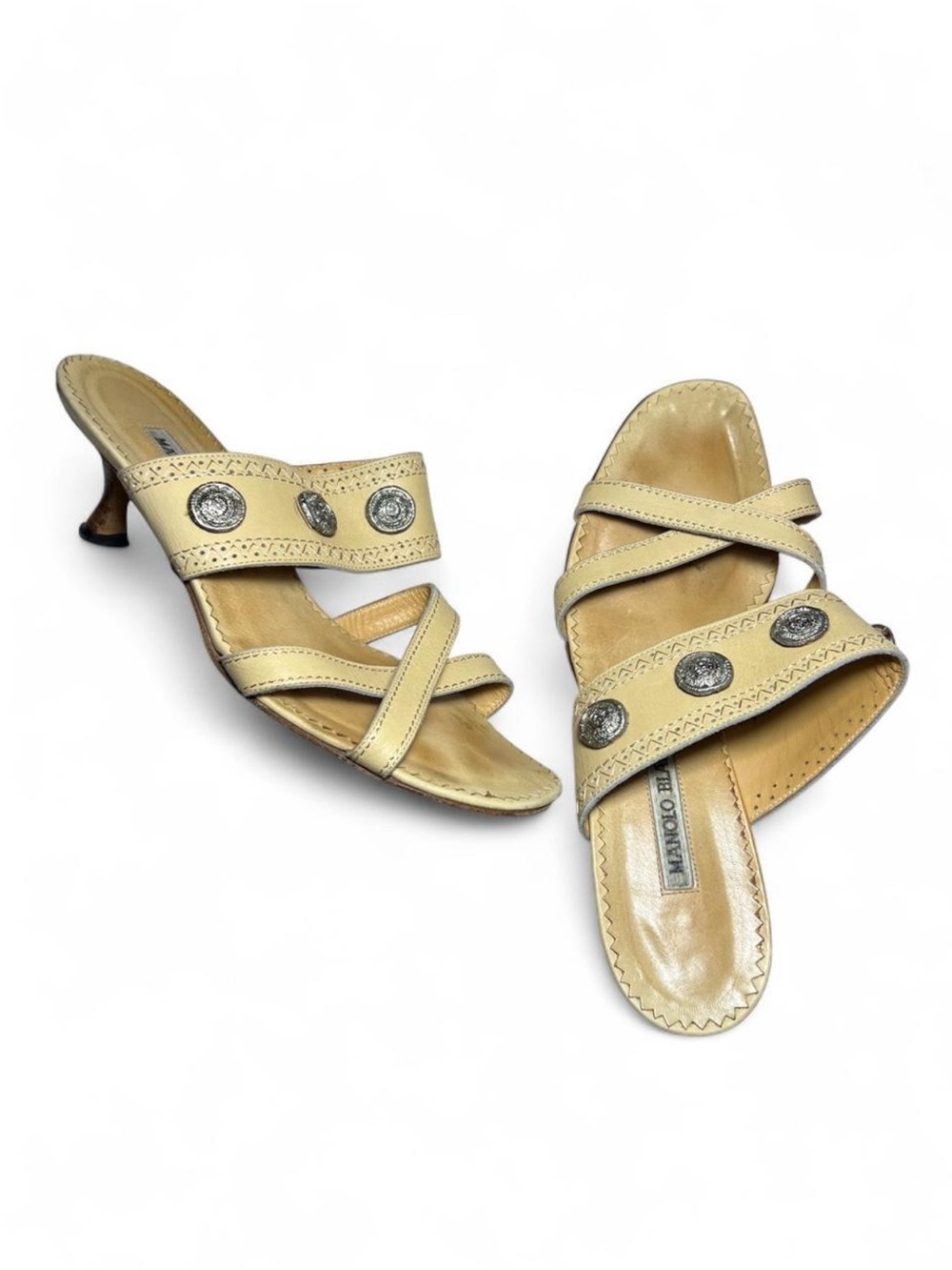 Vintage Manolo Blahnik Leather Patterned Gladiator Kitten Heel Sandals